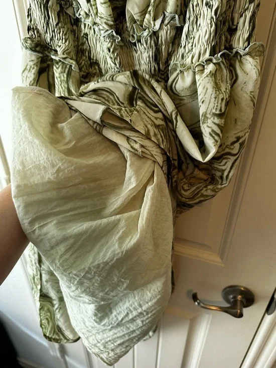 ARULA Olive Green and Cream Marble-Print Smocked Spring Party Flowy Midi Dress - Picture 10 of 10